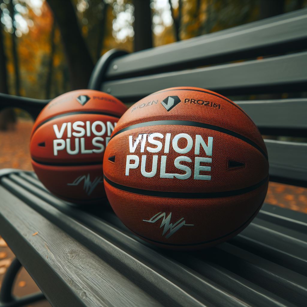 Two custom logo basketballs kept on a park bench.