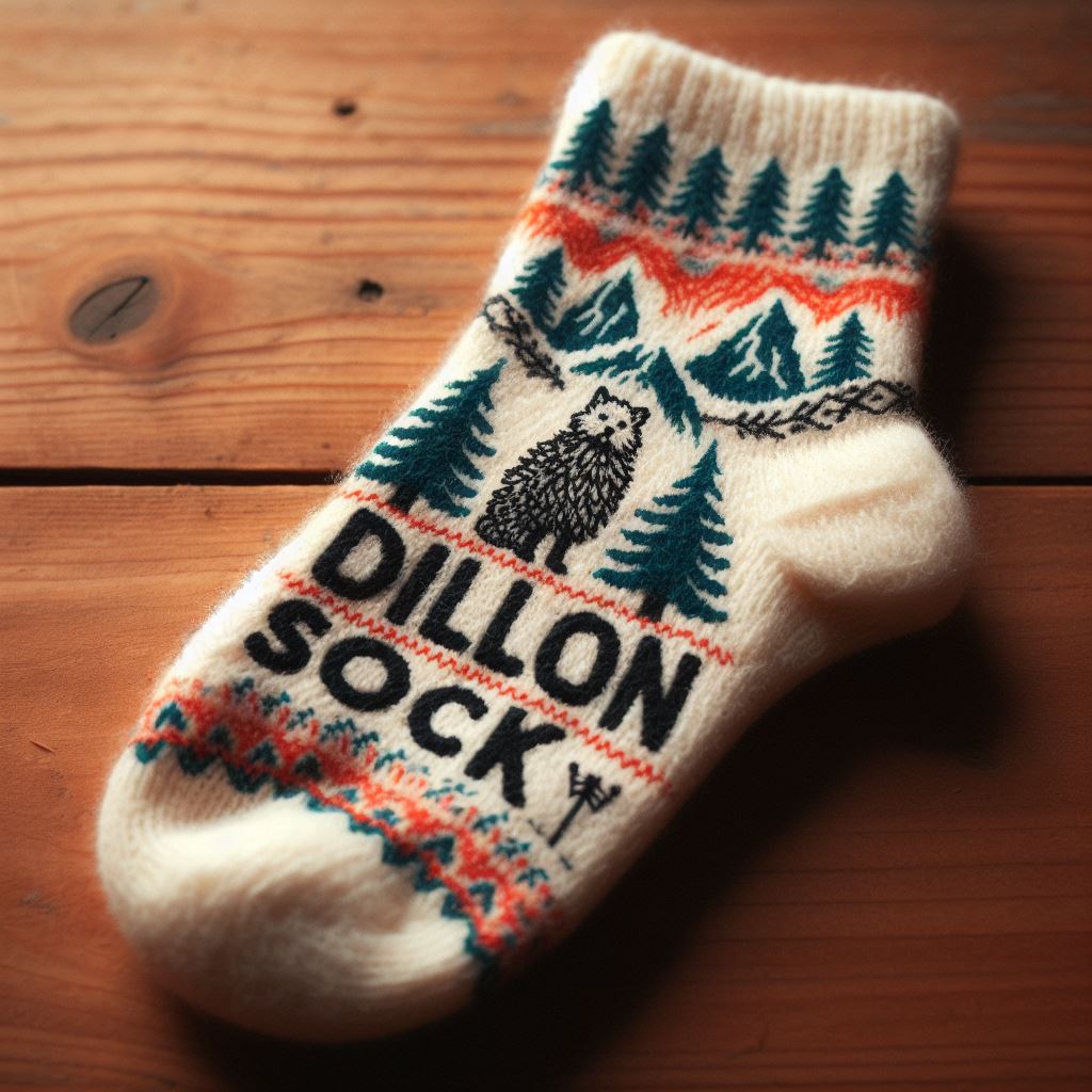 An outdoor custom woolen sock. It features a unique design, logo, and the name of the company.