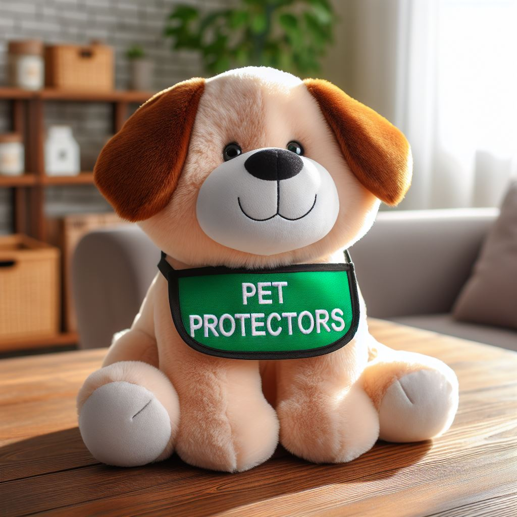 A custom plush dog for a pet charitable organization sitting on the floor.