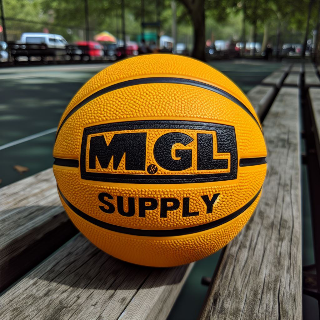 A yellow custom basketball with a company's logo lying on a park bench.