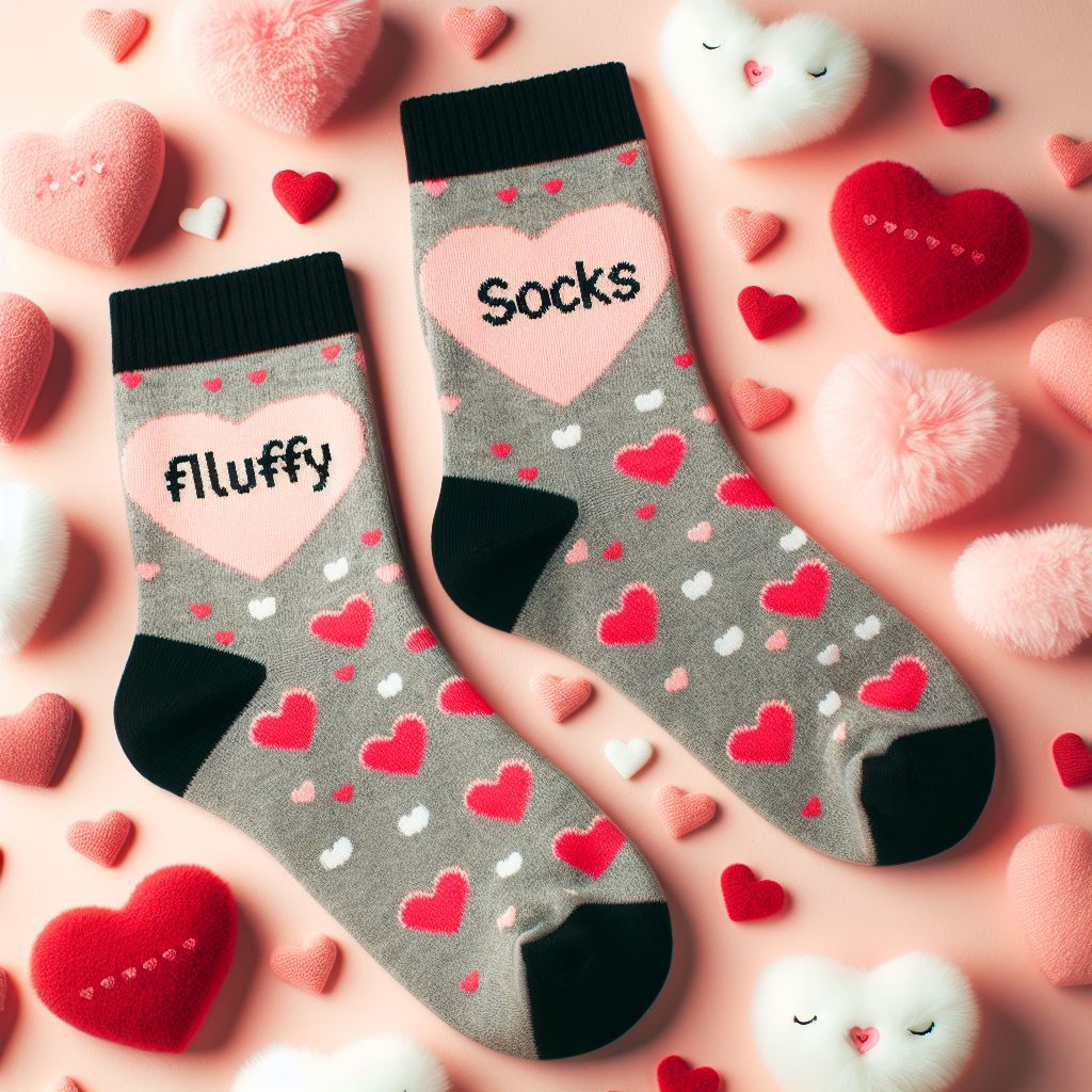 A light gray custom socks with red hearts and the brand's name in black.