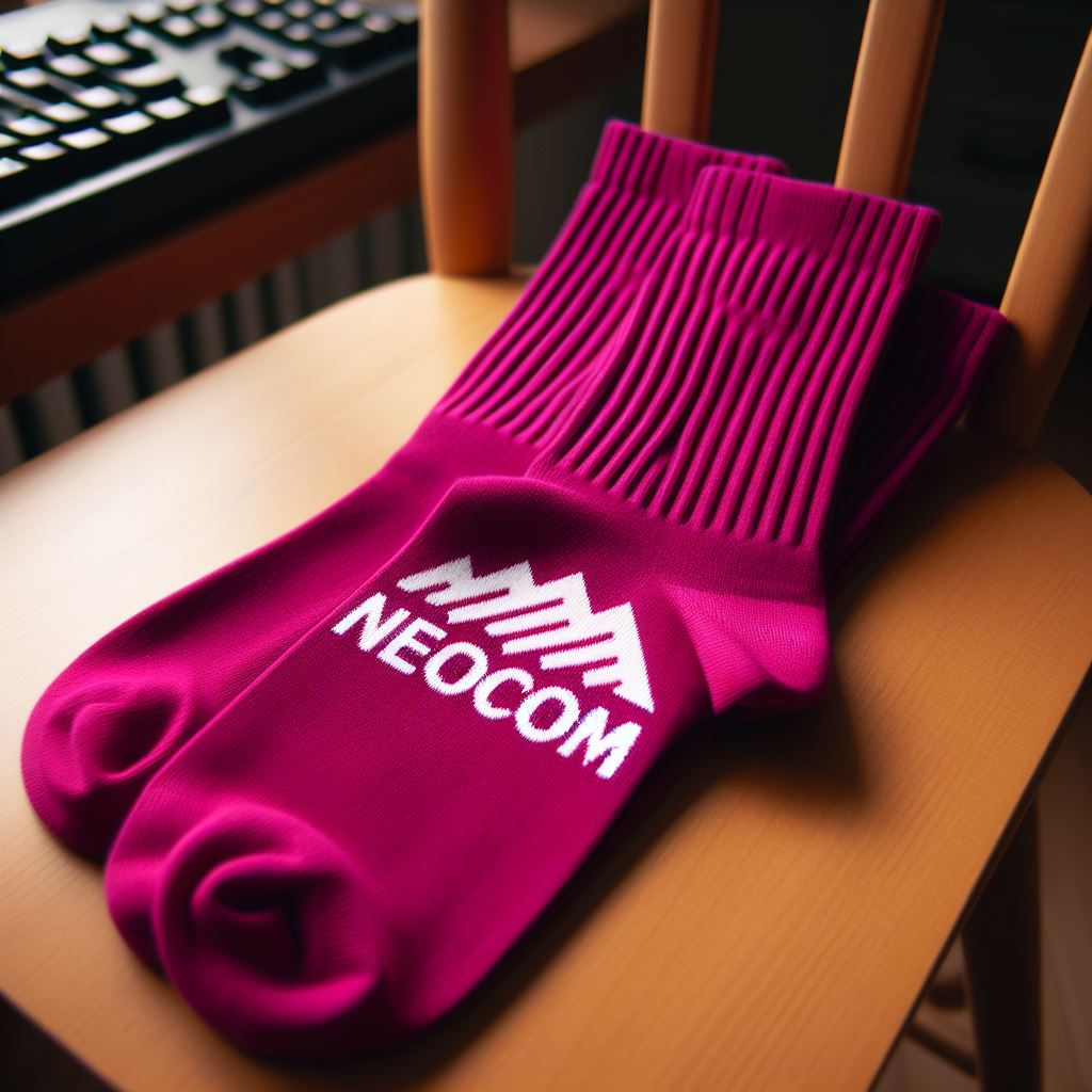 A magenta custom logo sock is lying on a chair.