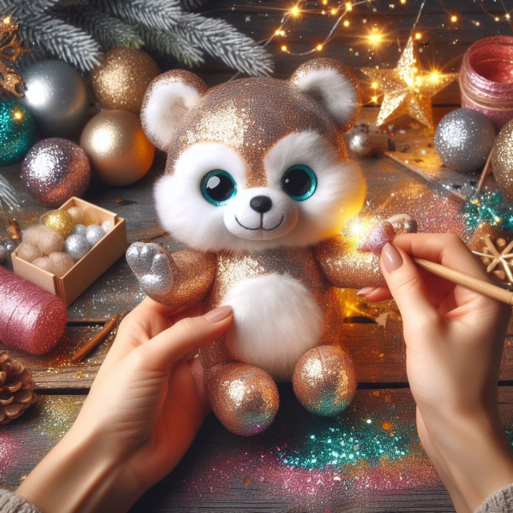 A person decorating a custom plush toys with glitters for the New Year celebrations.