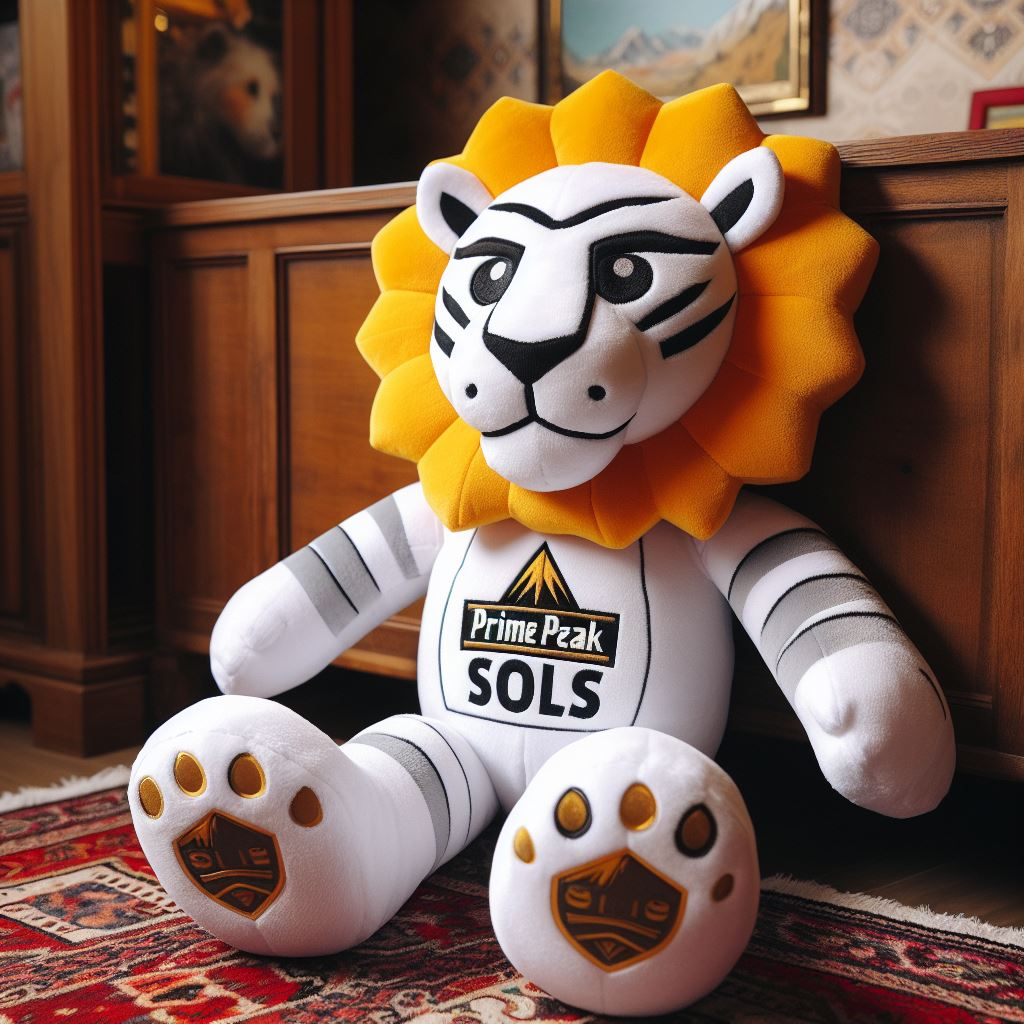 A custom stuffed animal mascot sitting on the floor. It is a lion wearing the company's logo.