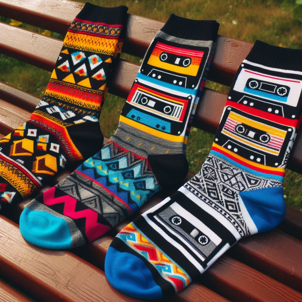 Trending custom socks on TikTok with retro themes lying on a park bench