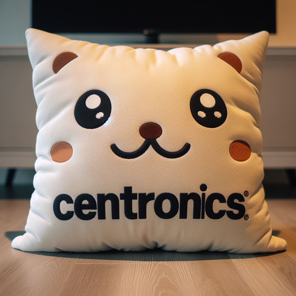 A custom plush pillow with a company's logo on it. It is on the floor.