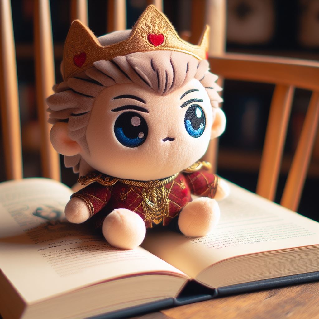 A cute little custom plush toy that looks like royalty. It is sitting on a chair.
