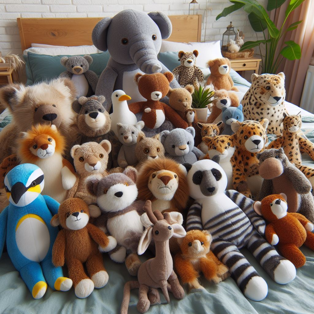 Lots of custom plushies on the bed.