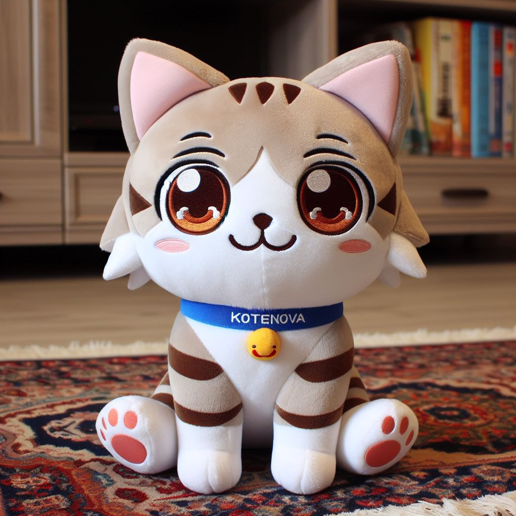 A cute custom plush toy for the company. It is a cat with the company's logo on its tag.