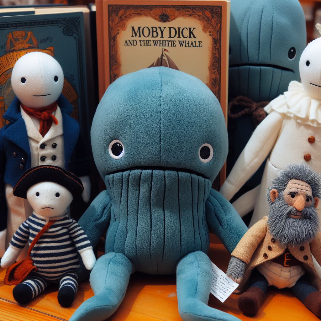 Custom plush toys from the book Moby Dick and the White Whale on a table.