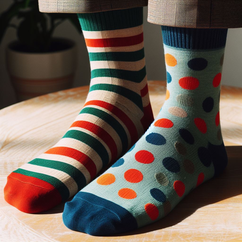 A person wearing colorful polka-dotted and striped mismatched custom socks.