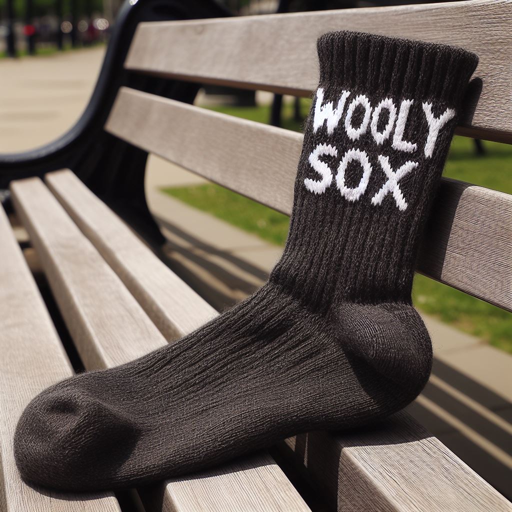 A black heavy-duty custom socks made with merino wool with a logo on a park bench.