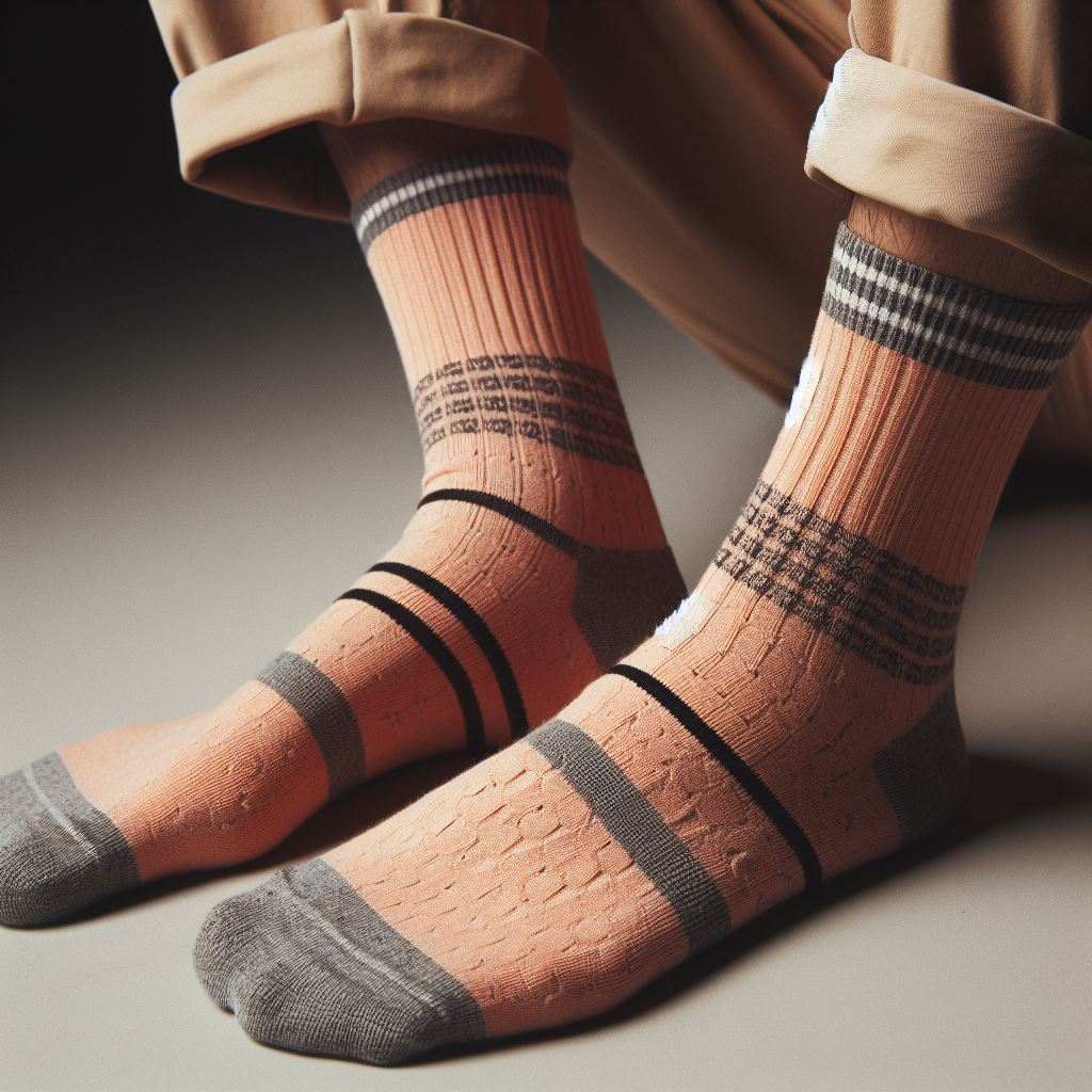 A person wearing a custom sock made by EverLighten in Pantone's color of the year 2024 - Peach Fuzz.