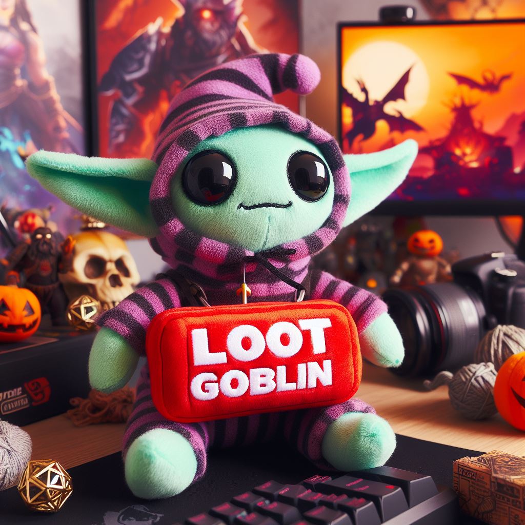 A goblin custom plush toy for a streaming channel with its logo.