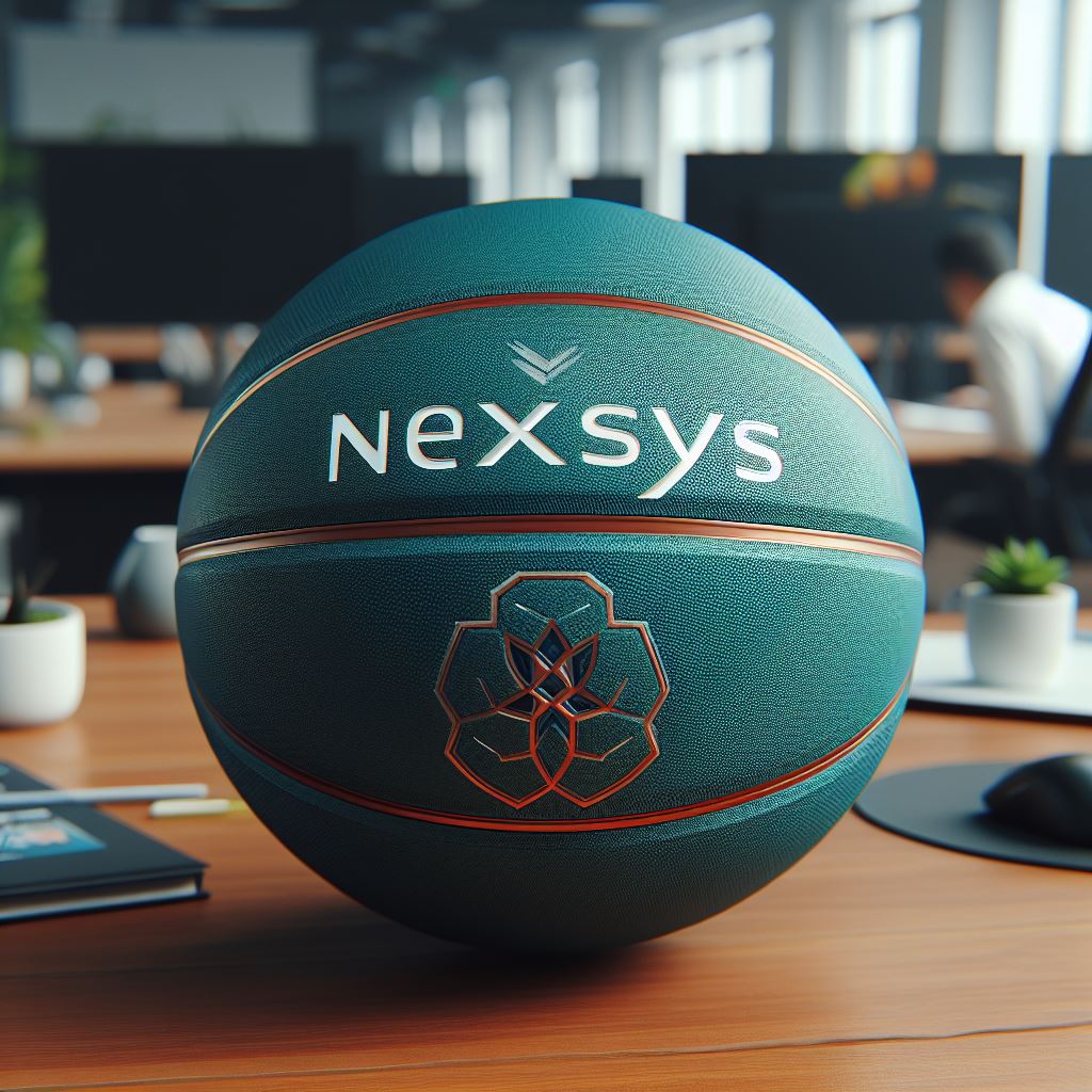 A custom basketball with the color Verdigris and logo is kept on an office table.