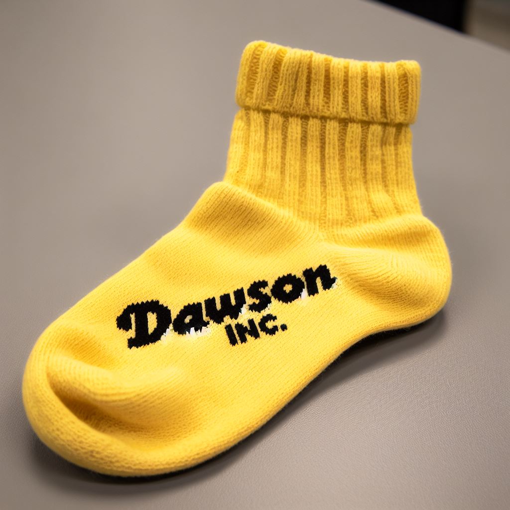 A yellow woolen custom sock is lying on a table. It has the logo of the company on it.