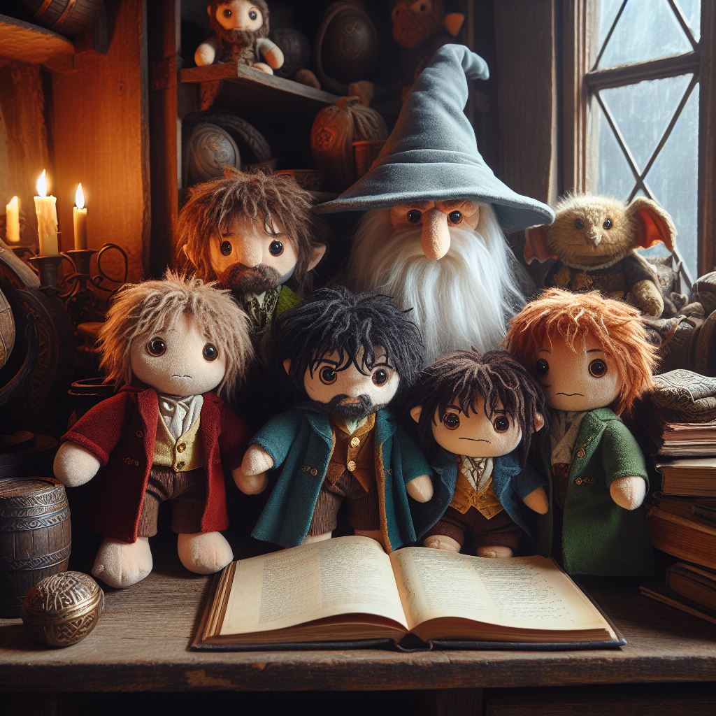 Custom plush toys from Lord of the Rings are kept on a bookshelf.