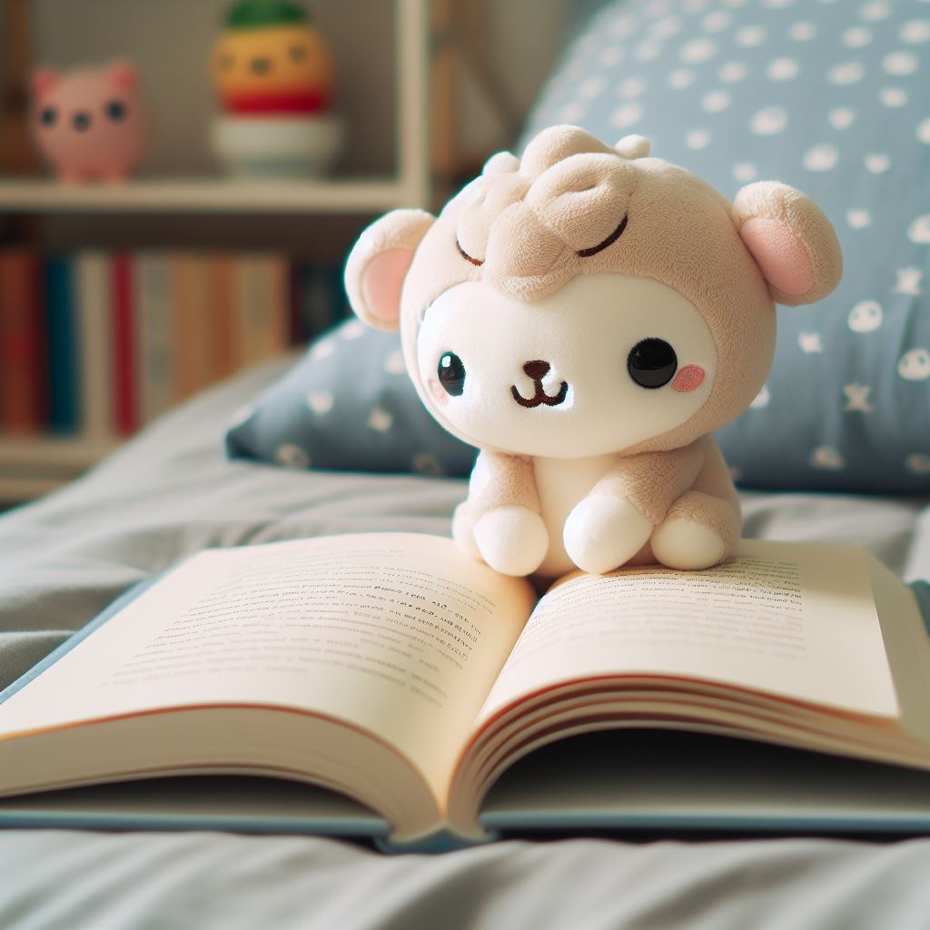 A cute little custom plushie dog sitting on the bed and reading a book.