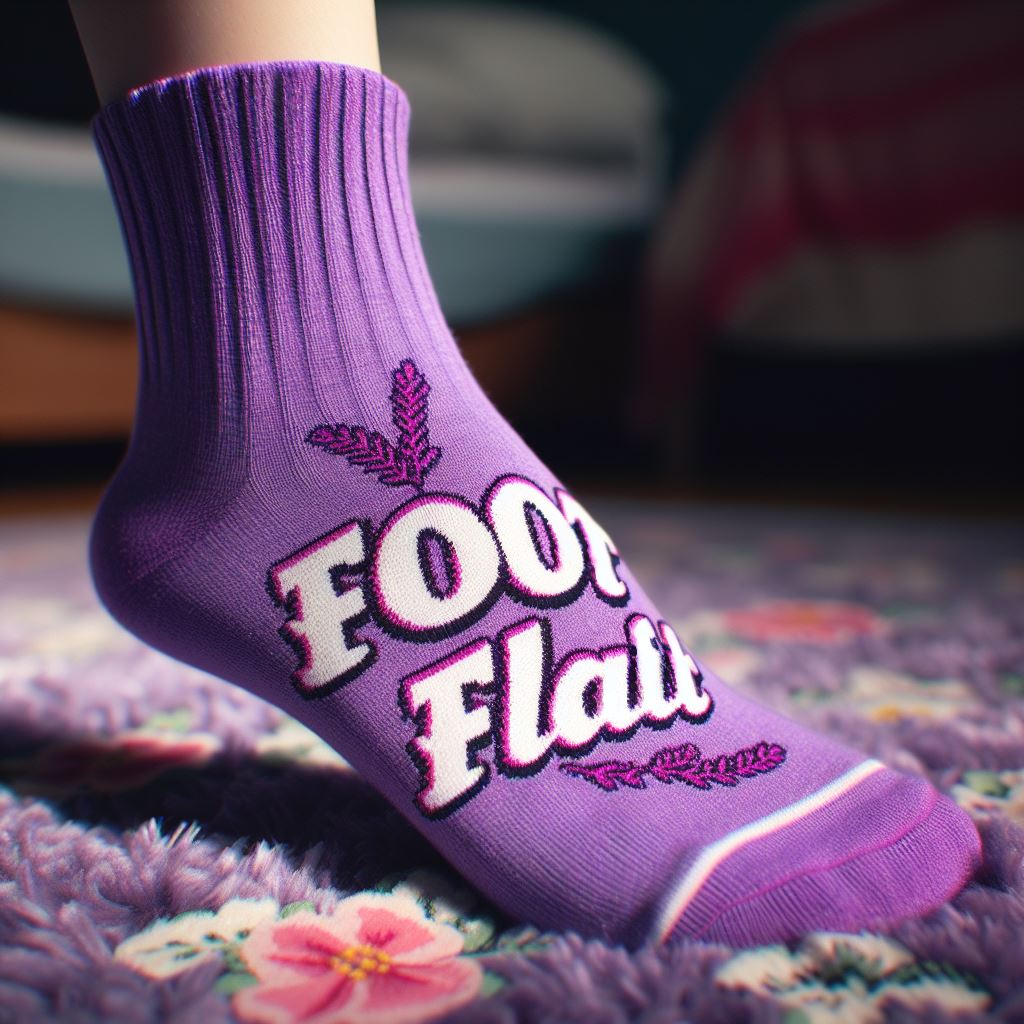 A person wearing purple custom socks with the logo in white.
