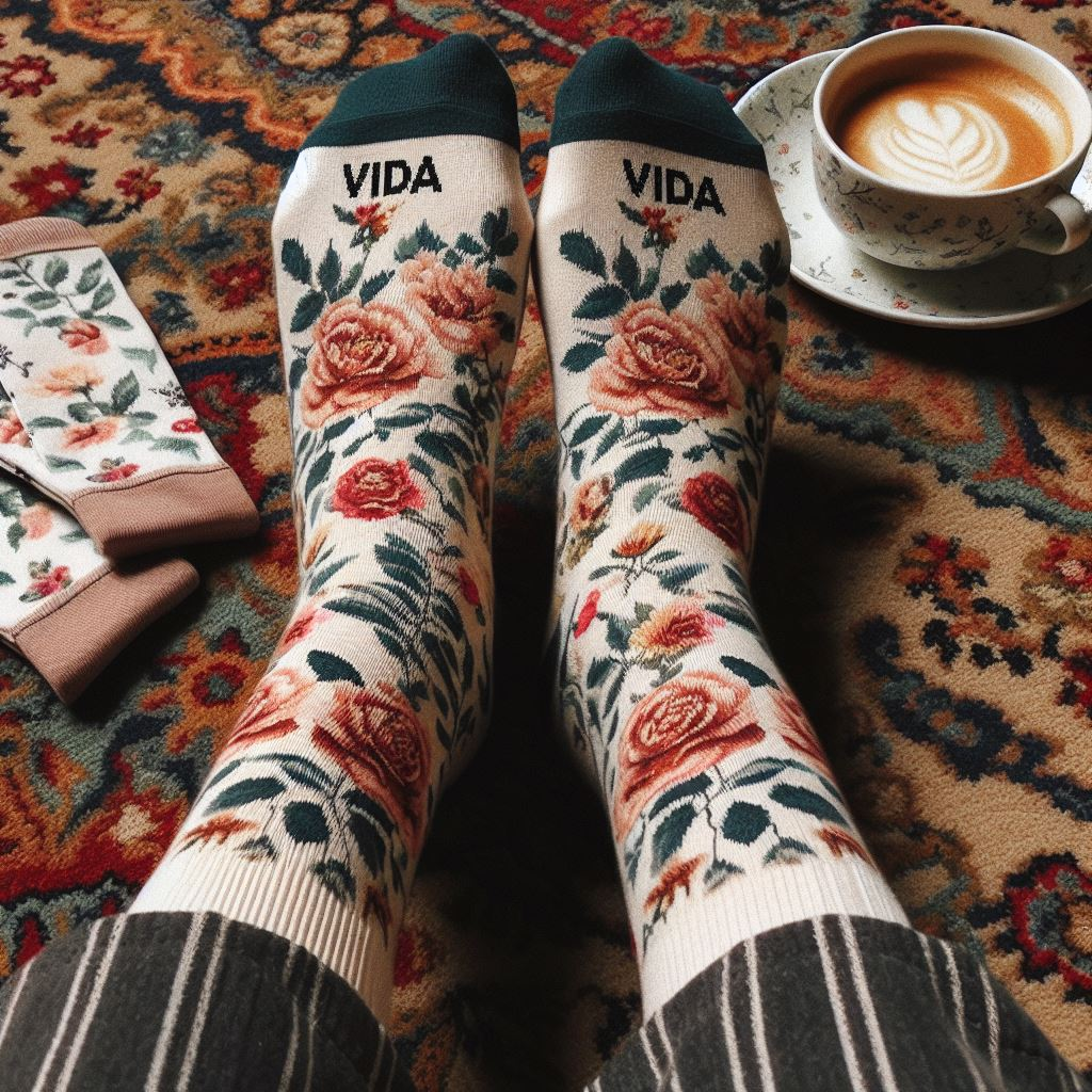 A woman sitting on a carpet wearing custom socks to celebrate Women's Day. The socks are printed with a floral design.