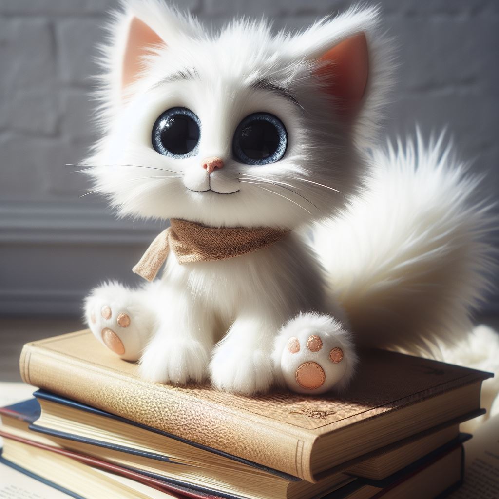 A cute snow-white custom plush cat from a book.