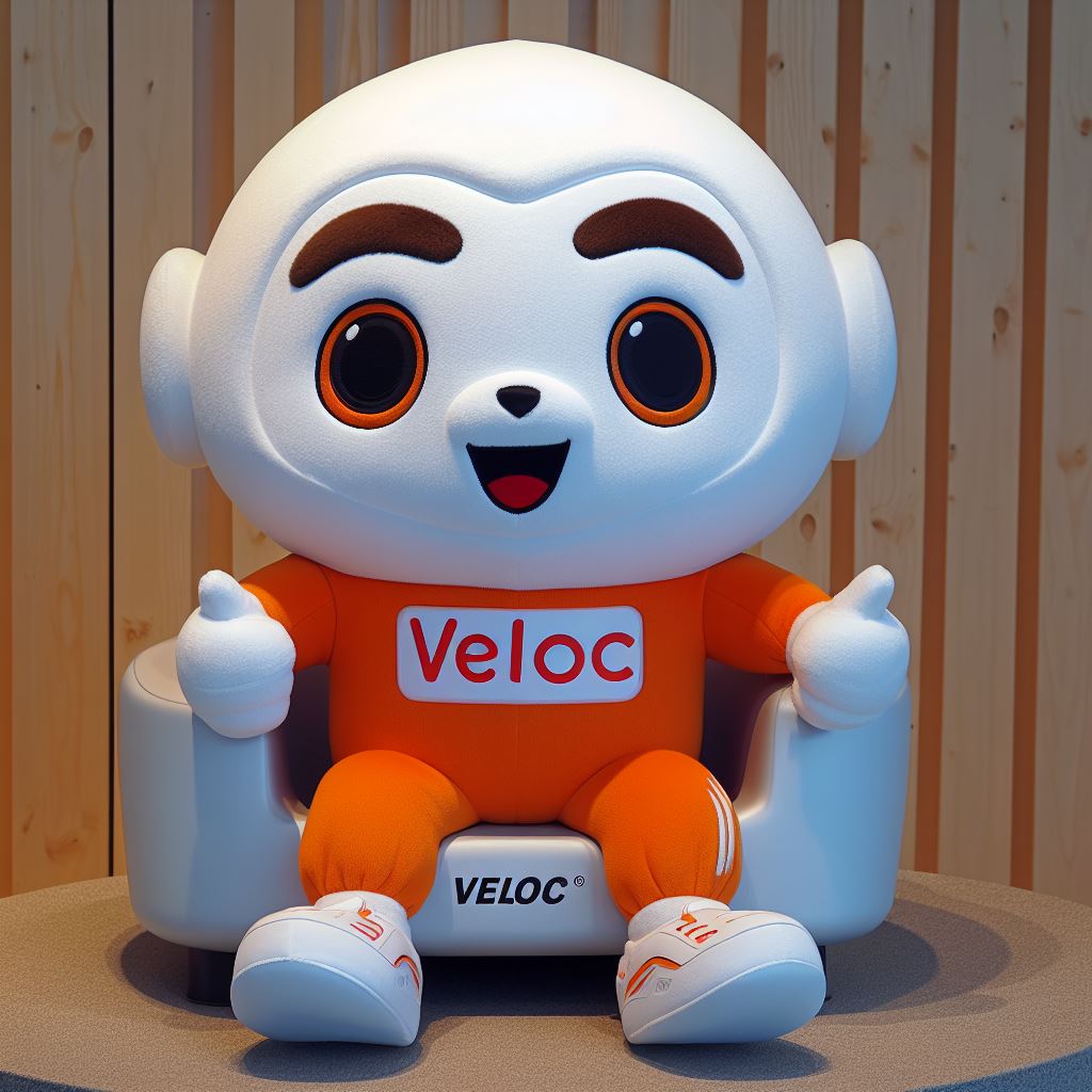 A custom stuffed toy with a company's logo on it. It is sitting on a cute small chair.