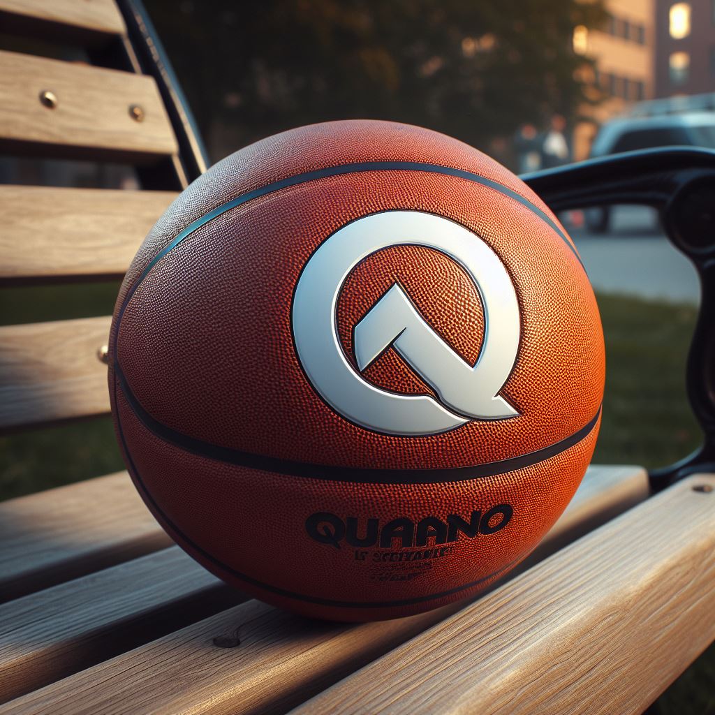A customized basketball with a company's logo on a park bench.