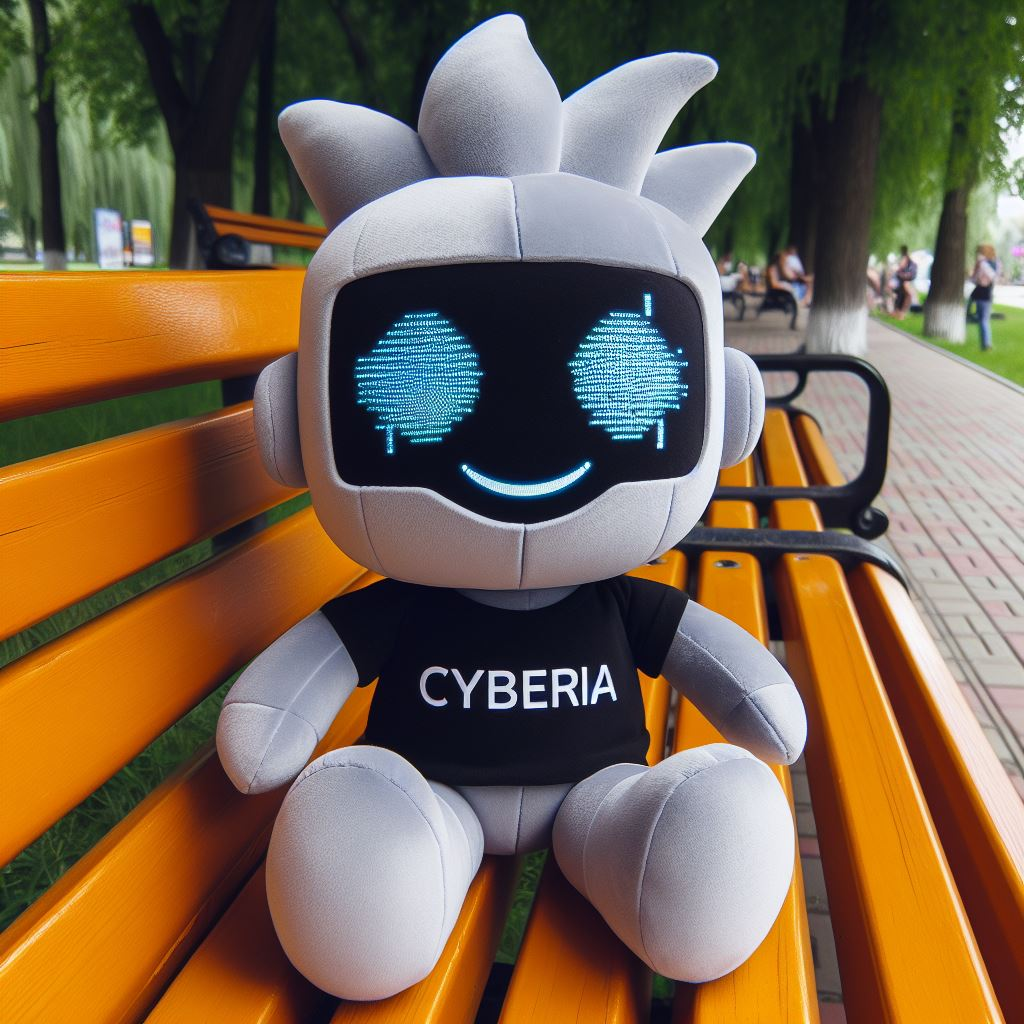 A futuristic-looking custom toy for a company. It has the logo on its chest and sitting on a park bench.
