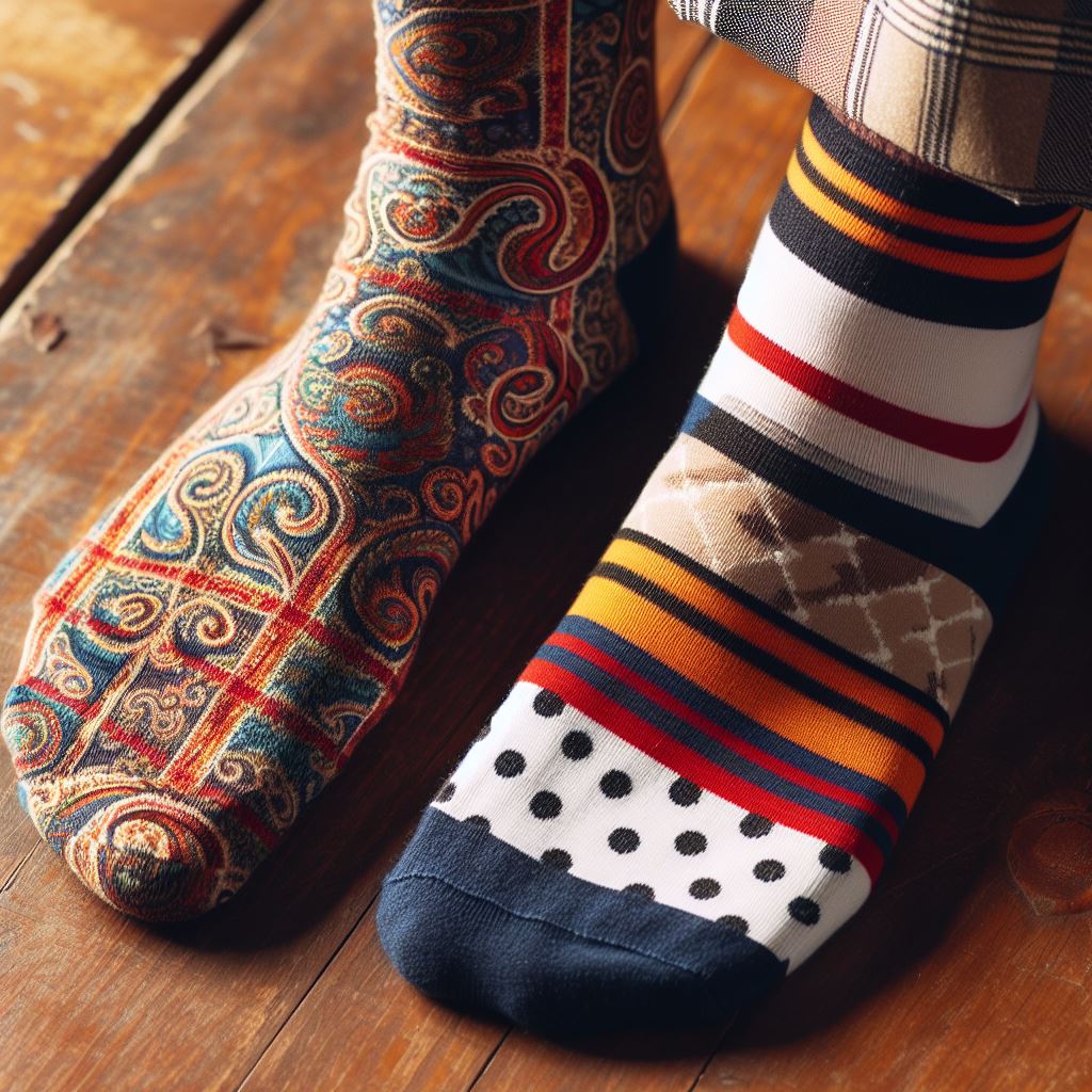 A person wearing unique mismatched custom socks.