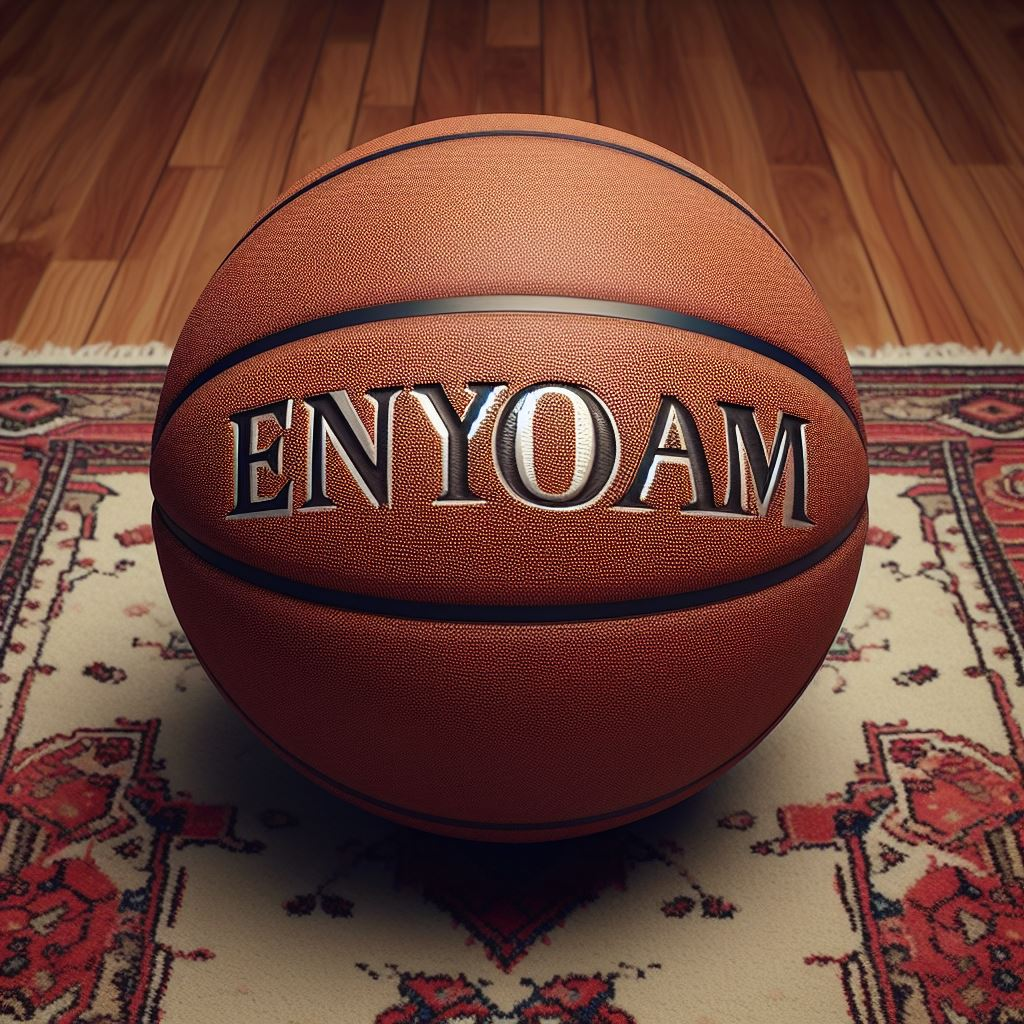 A custom logo basketball on the floor.
