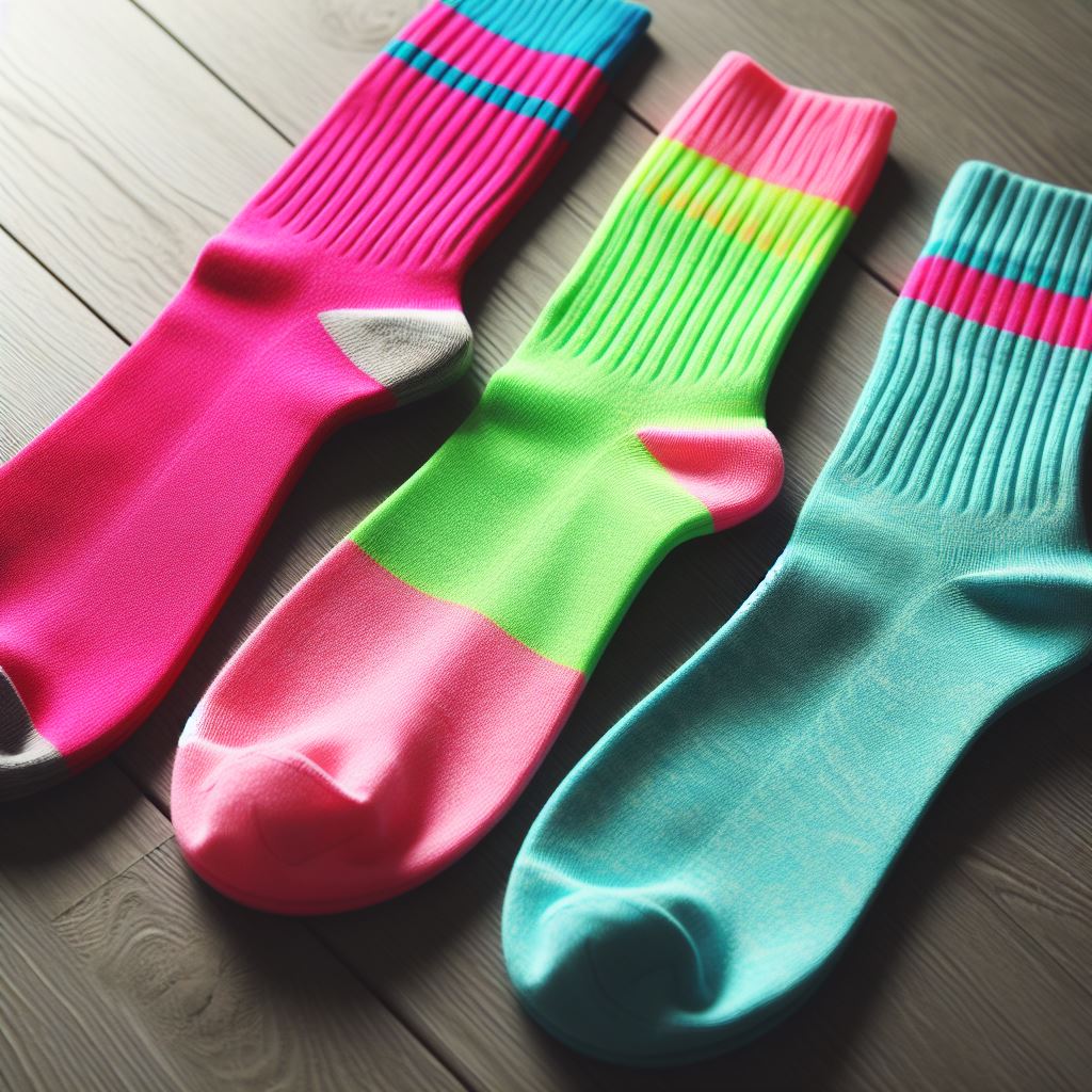 Custom socks for summer with neon colors like fuchsia, lime green, and electric blue.