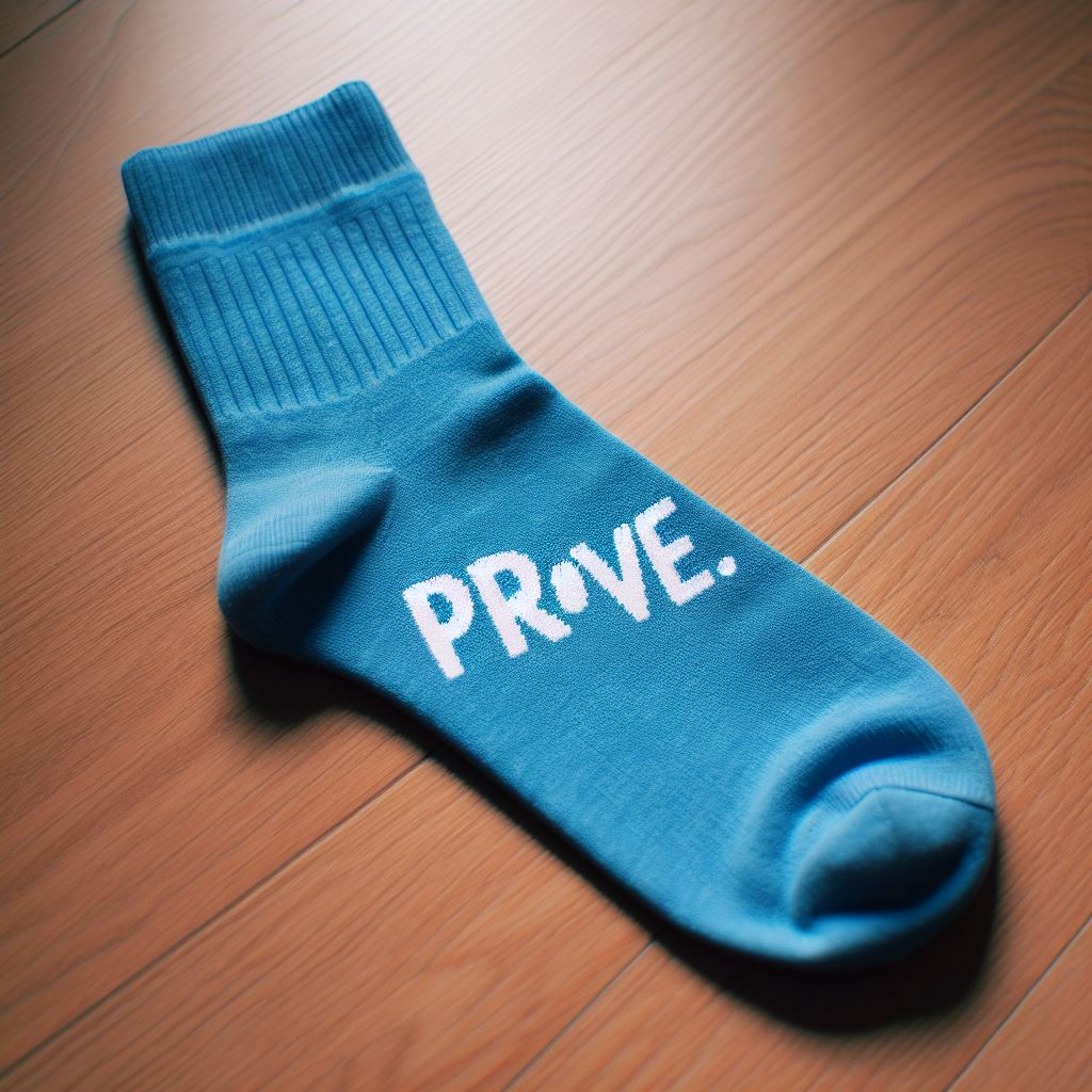 A blue custom logo sock is lying on the floor. The logo is a text.