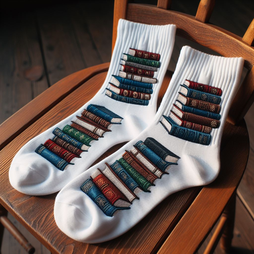 Custom socks with images of books embroidered on them. They are on a chair.