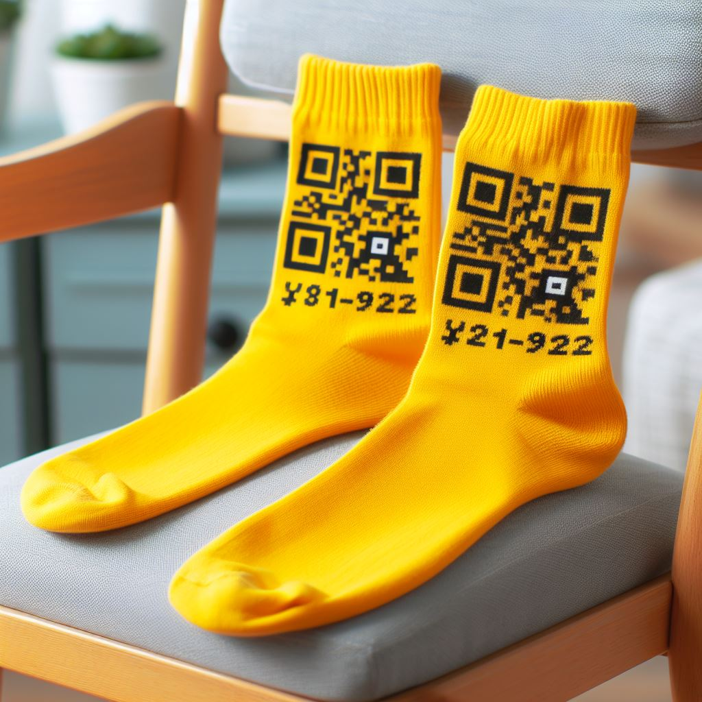 Yellow custom socks with QR codes lying on a table. They are made by EverLighten for a digital company.