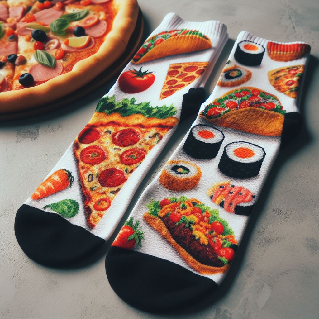 Trending custom socks on TikTok with images of pizza on a floor.