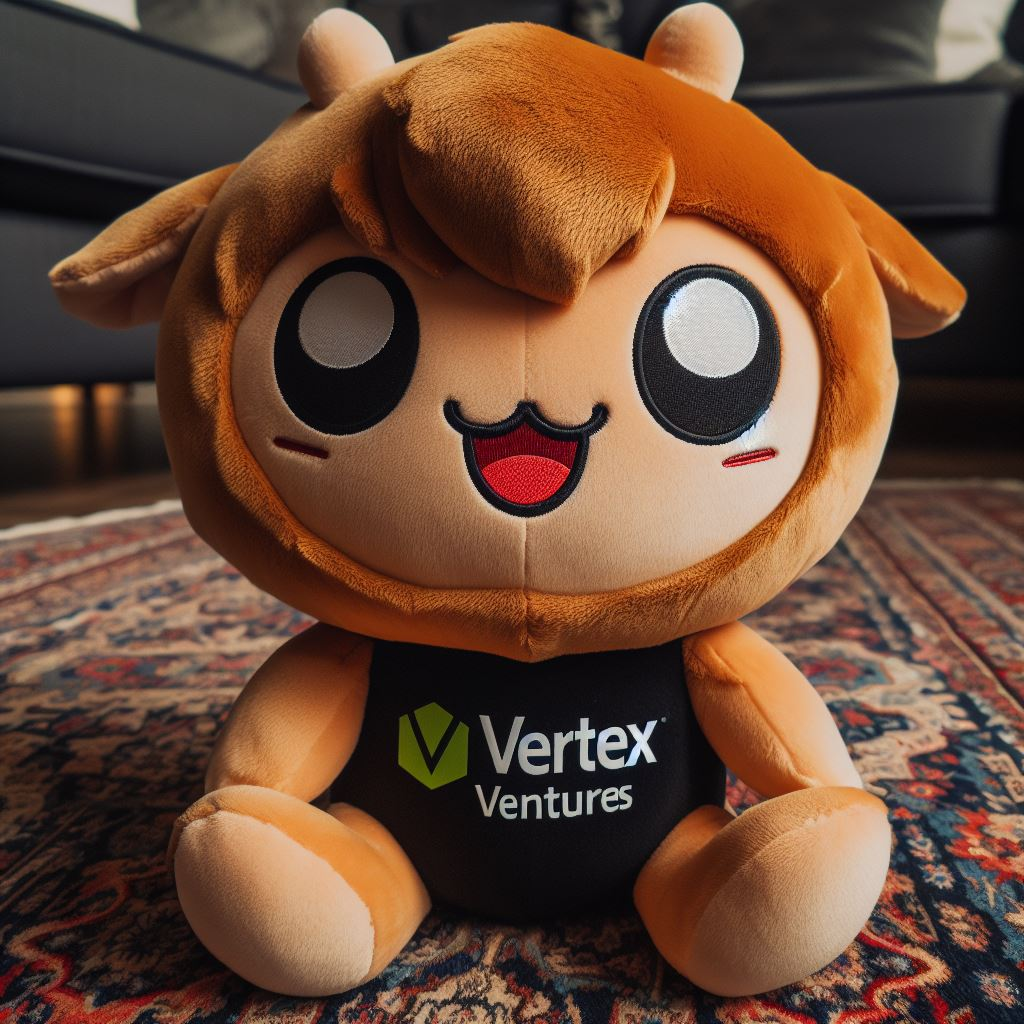 A custom stuffed toy mascot for a company. It is sitting on the floor.