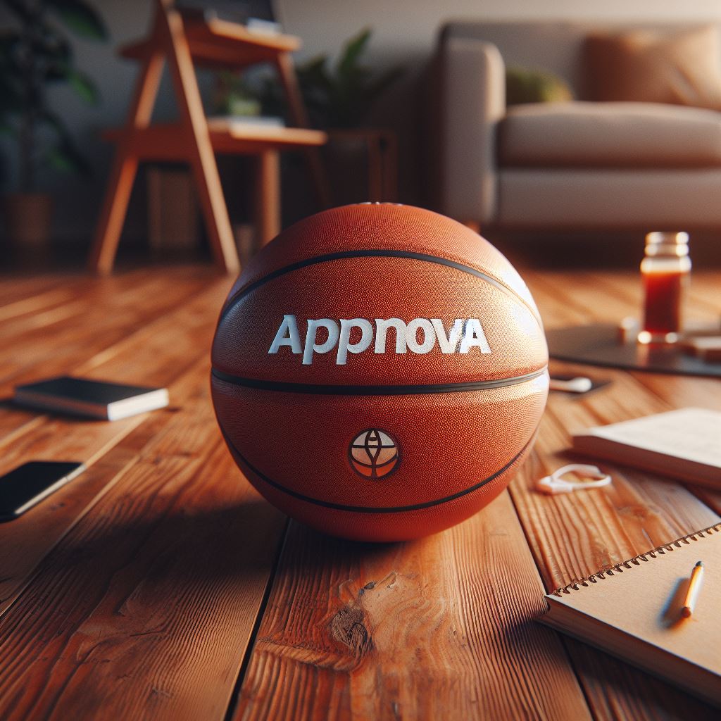 A custom logo basketball on a wooden floor.