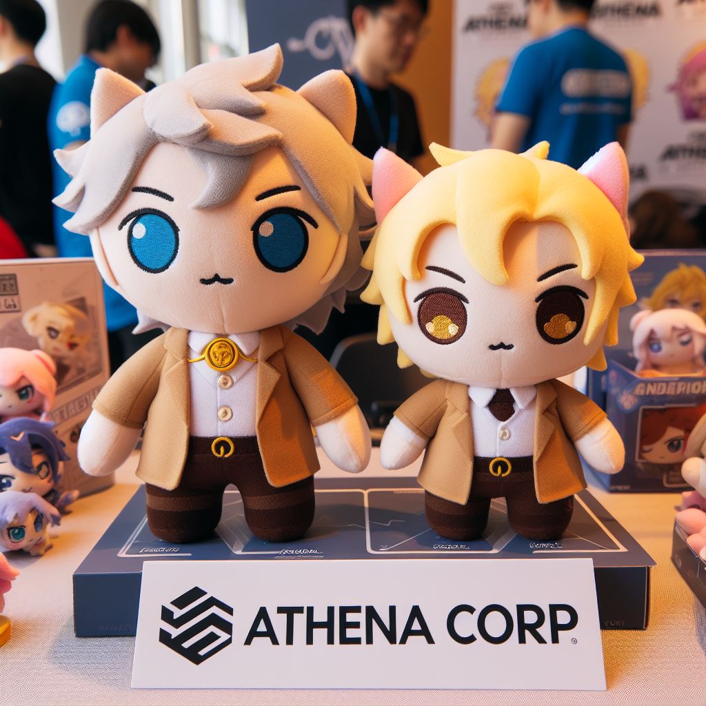 Two promotional plush toys in a tradeshow.