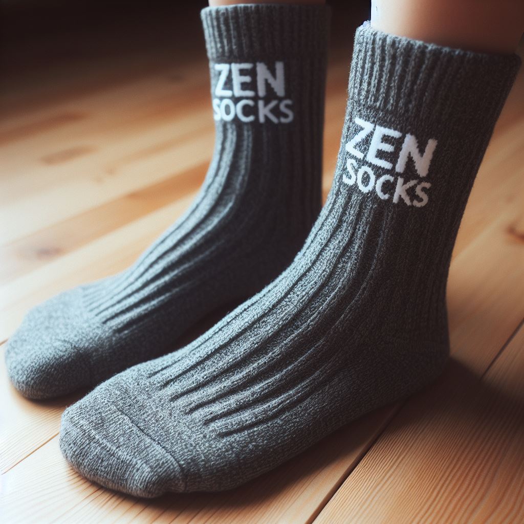 A person wearing gray-colored heavy-duty custom socks with a logo.