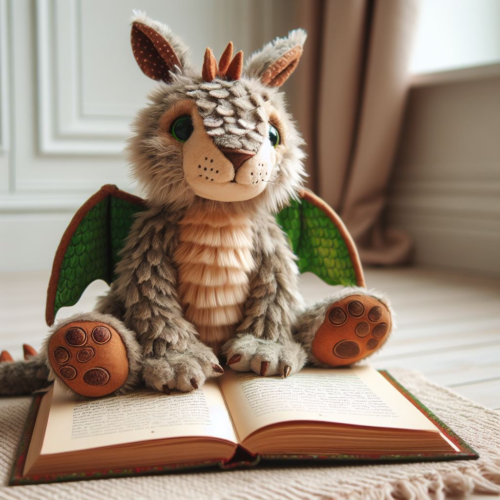 A Griffin custom plushie from a book. It is sitting on the floor and reading a book.