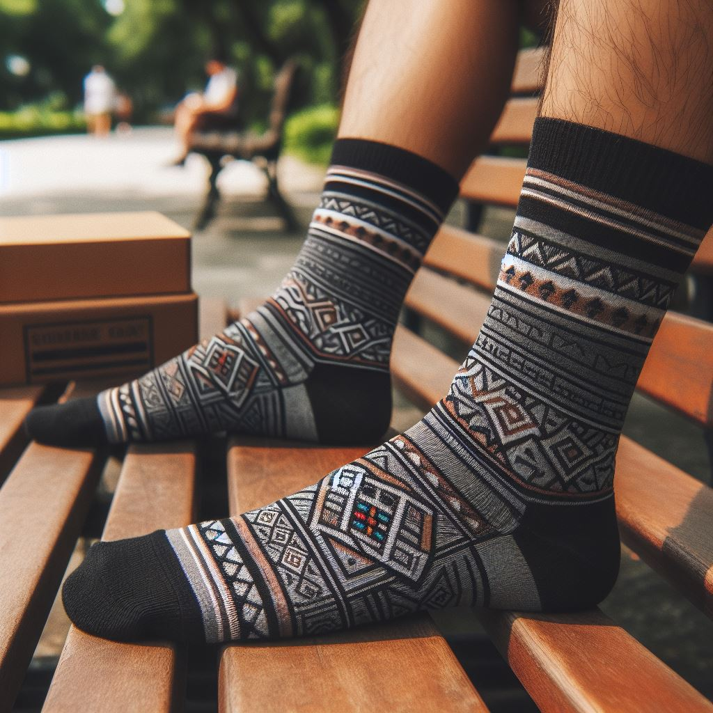 A person sitting on a park bench with socks with embroidered geometric lines on them.