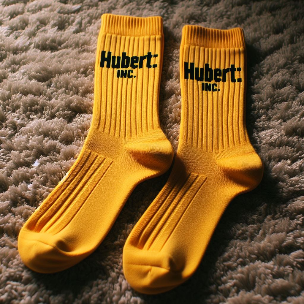 Yellow custom logo socks on a carpet.