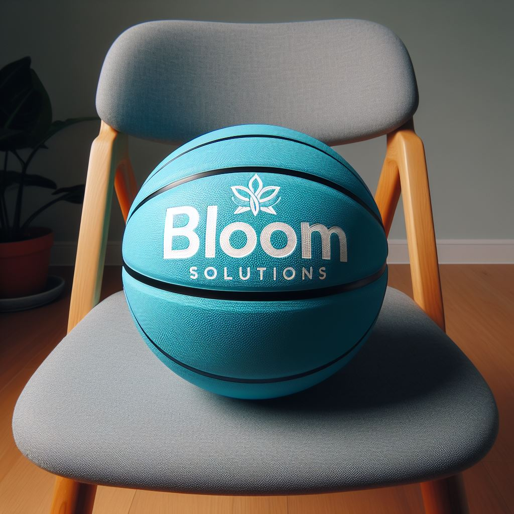 A sky-blue custom basketball with the company's logo on a chair.