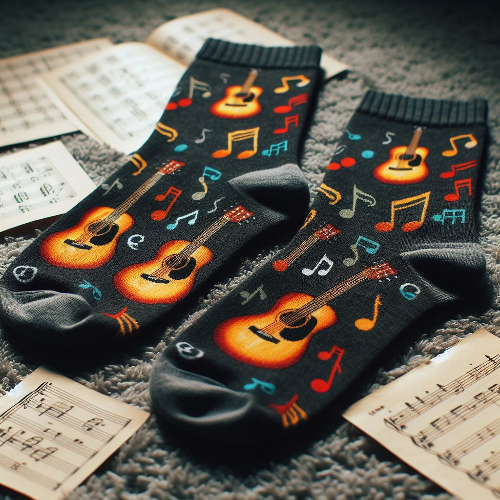 Custom socks made by EverLighten lying on the floor. The socks have images of musical notes, guitars, etc.