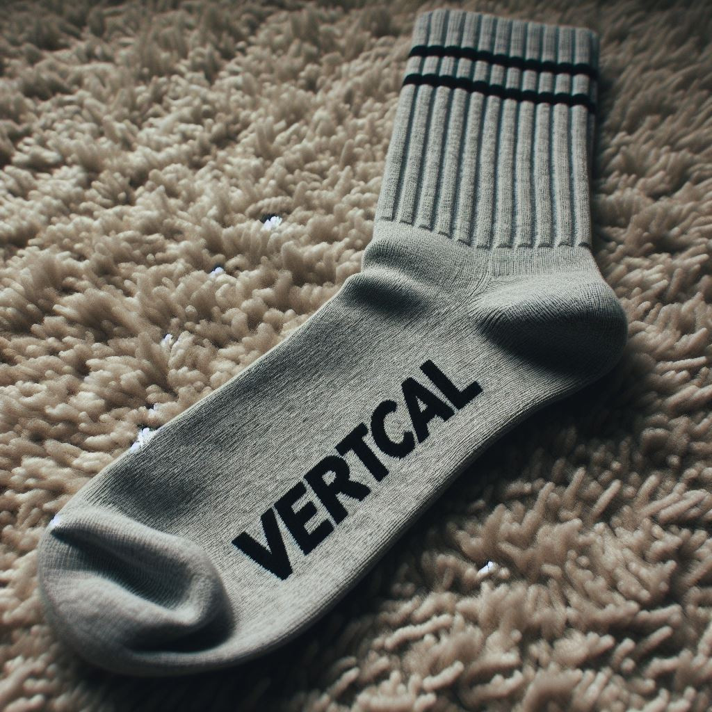 A gray custom logo sock is lying on a rug. The logo is a text.