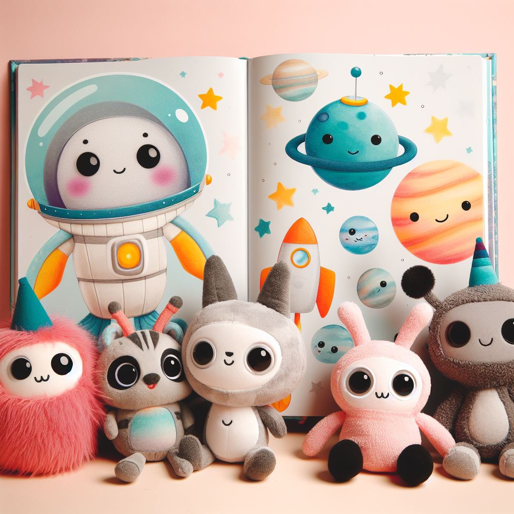 Various custom plush toys that look like space creatures from a book.