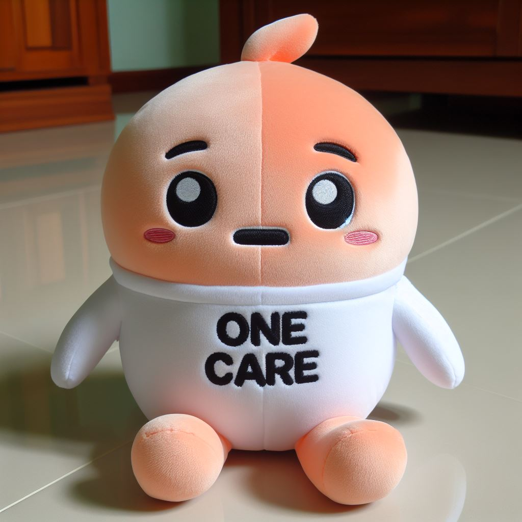 A cute round-looking custom plush mascot for a company with the logo on its t-shirt sitting on the floor.