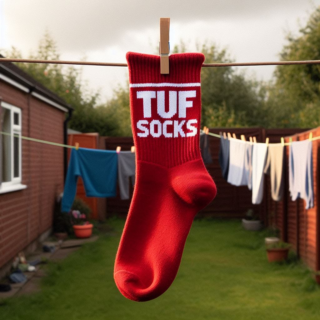 A red custom sock with the company's logo in white on a clothesline.