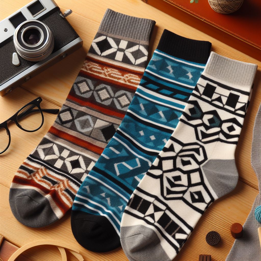 Custom socks for summer lying on a table with contrasting colors in geometric patterns for a modern look.