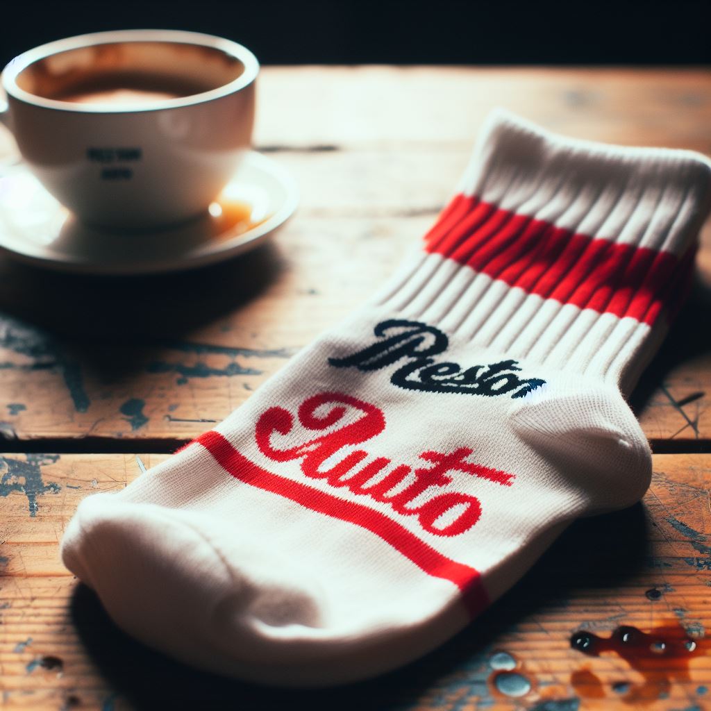 A white custom sock with a red and black colored logo on it lying on a table.